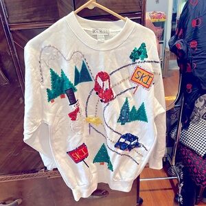 Vintage sequined ski winter scene themed holiday sweatshirt small ugly sweater